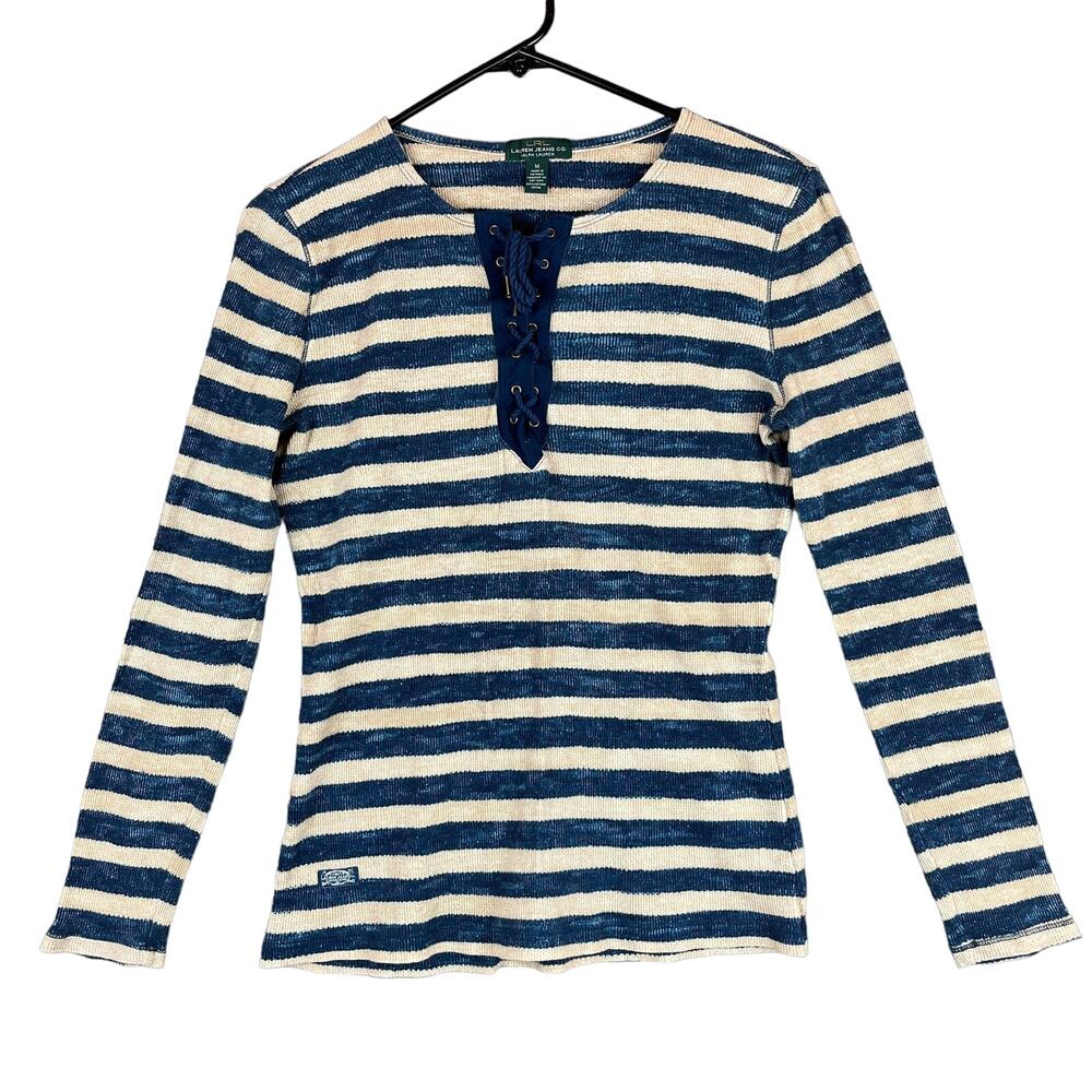 Ralph Lauren Womens Shirt Tan Blue Stripe Front Criss Cross Tie Long Sleeve M